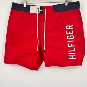 Tommy Hilfiger Mens Red Swim Trunks Colorblock Board Shorts Logo XL